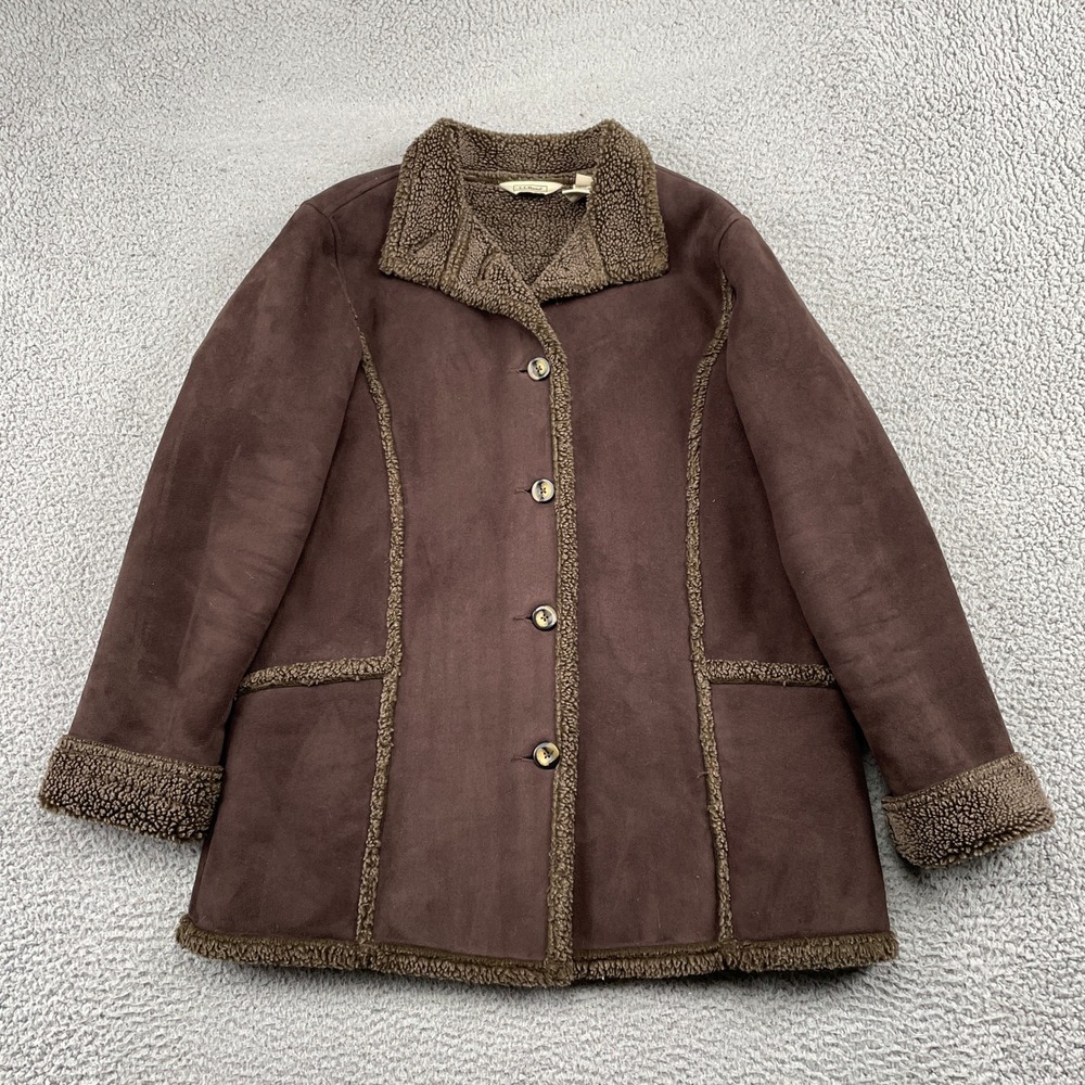 LL Bean Jacket Womens M Brown Faux Suede Sherpa Lined Coat Button Front Outdoor